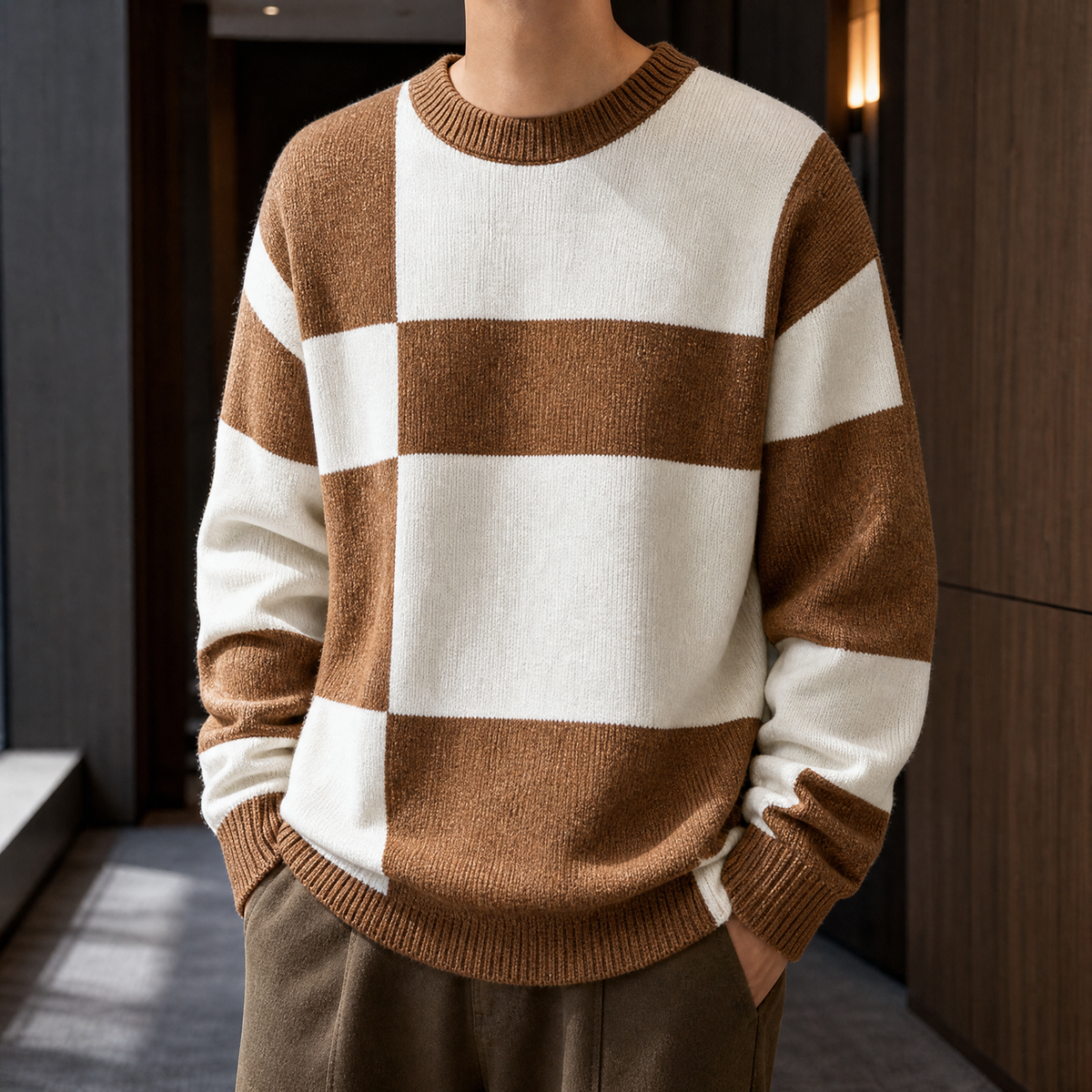 Freddie Checked Knit Sweater - Camel White