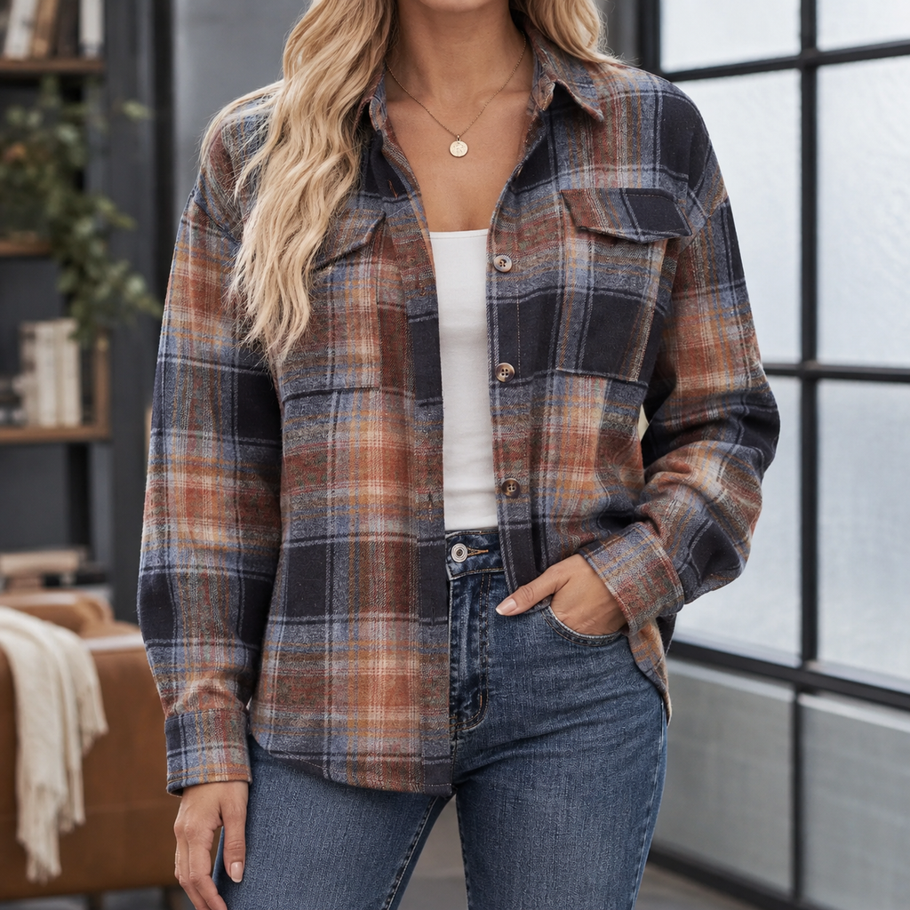 Giulietta Plaid Overshirt - Navy Rust Plaid