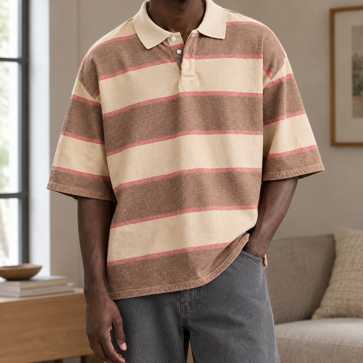 Lennox Striped Polo Shirt - Brown Cream Stripe