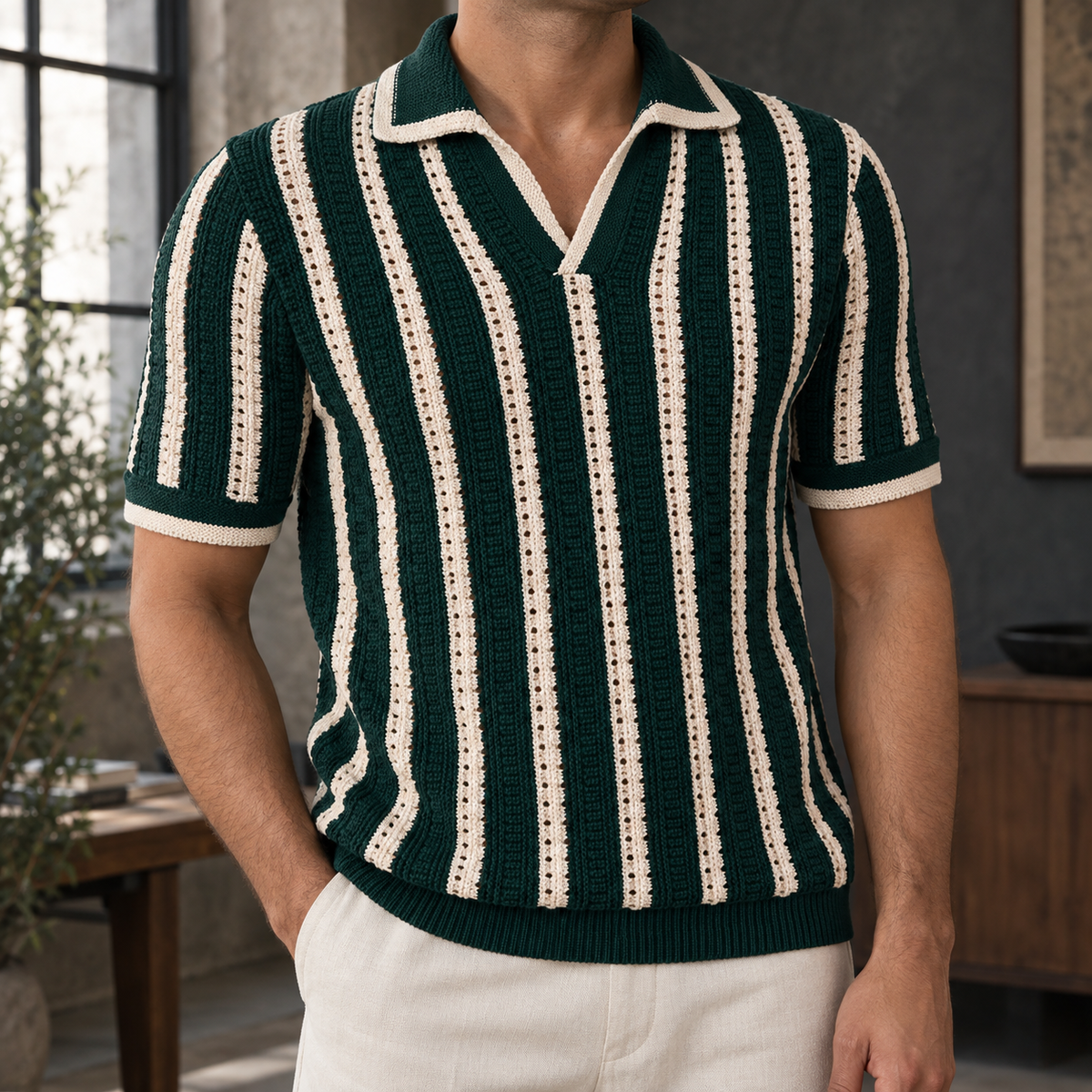 Roman Open-Collar Polo - Green White 2