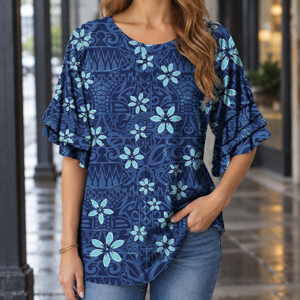 Cordelia Ruffle Sleeve Blouse - Navy Blue Floral