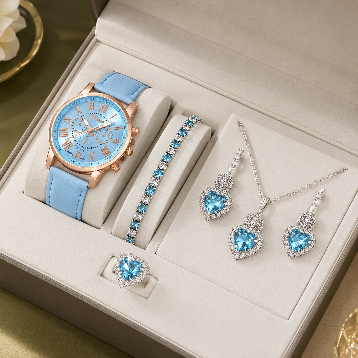 Fairbourne Heart Watch Set - Sky Blue