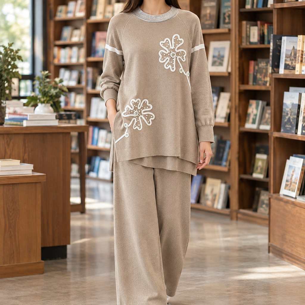 Perpetua Floral Knit Set - Khaki