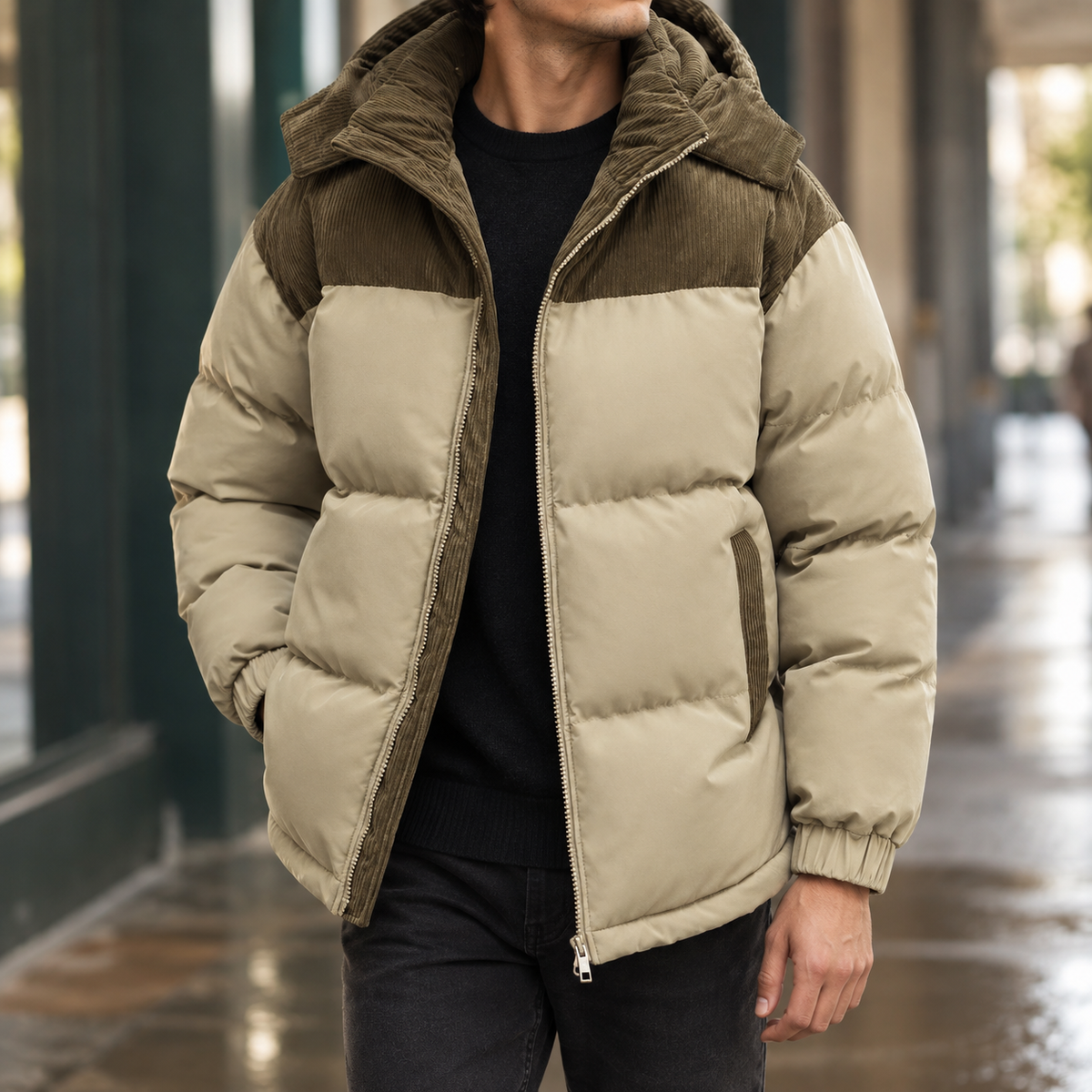 Conrad Panelled Puffer Jacket - Khaki