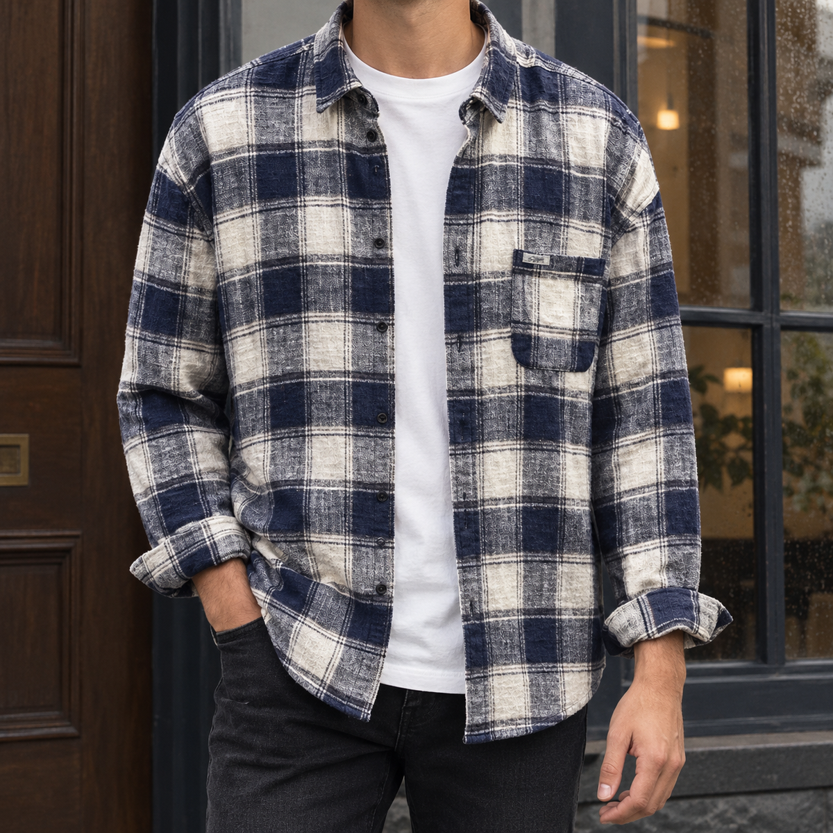 Lewis Plaid Overshirt - Navy And Cream