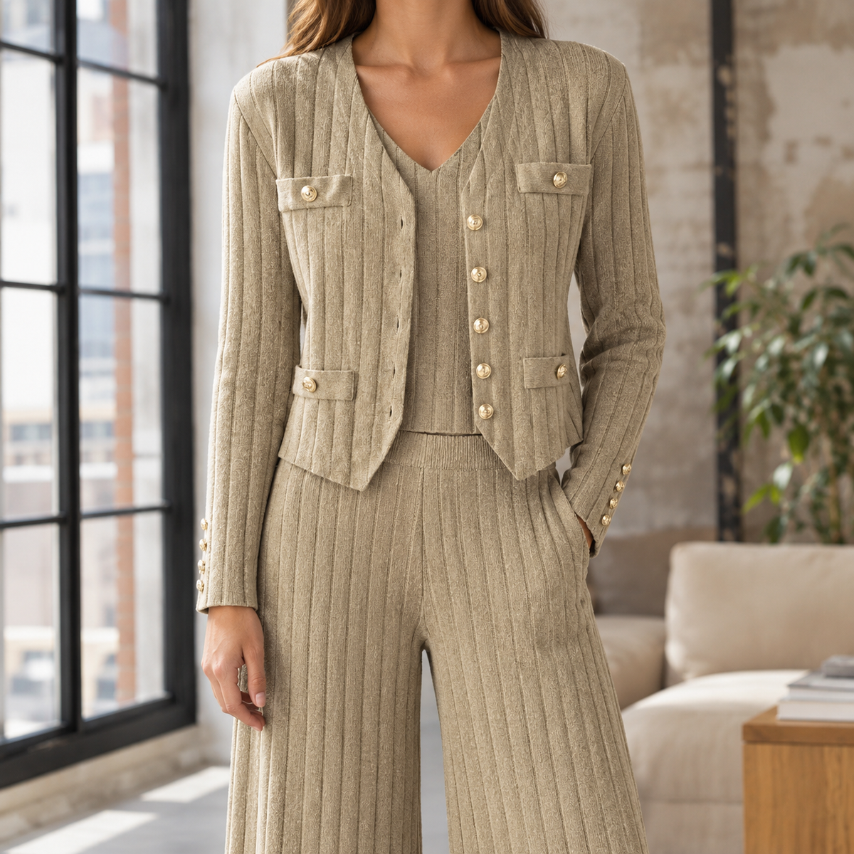 Kelsey Ribbed Knit Set - Khaki