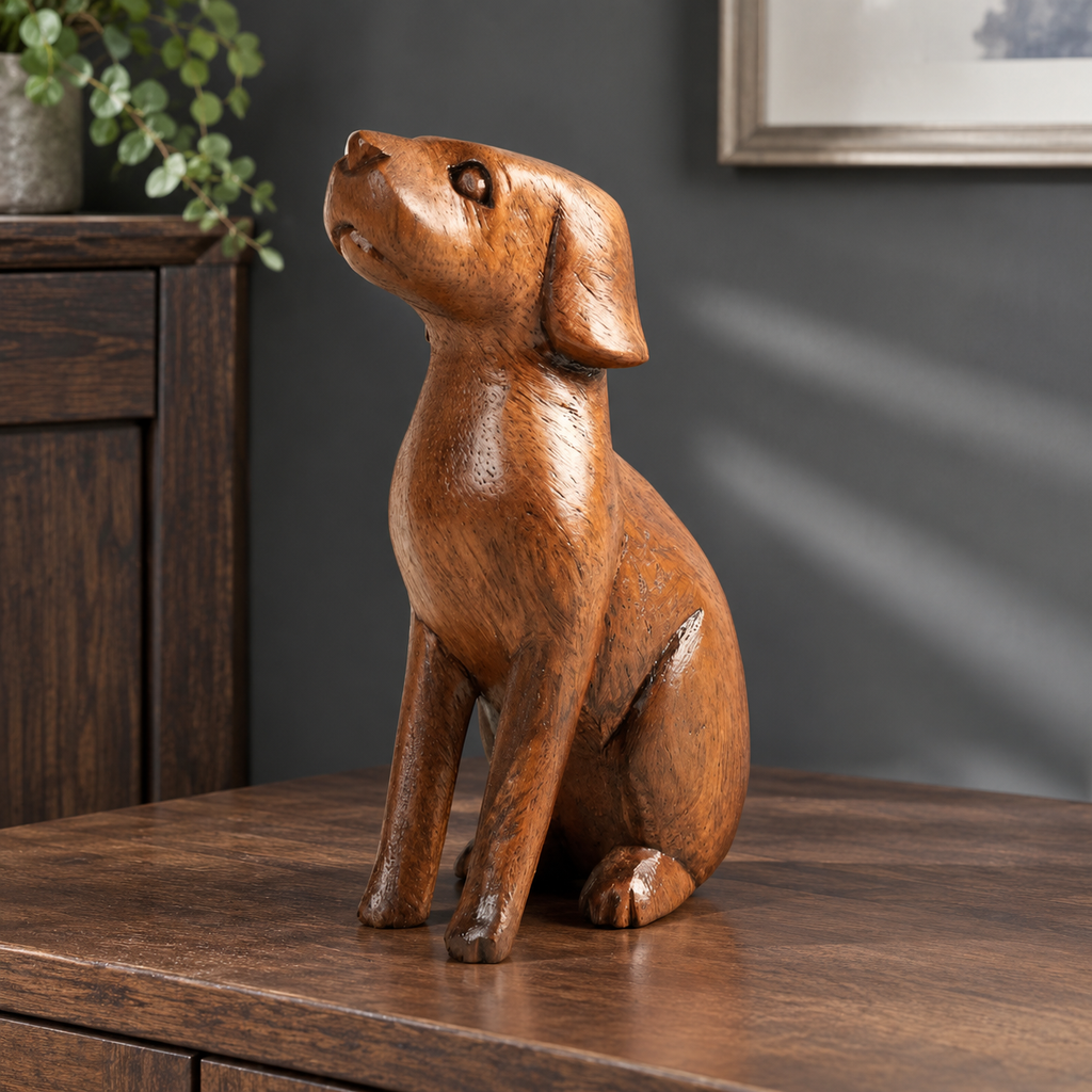 Alastair Wooden Dog Sculpture - Natural Brown