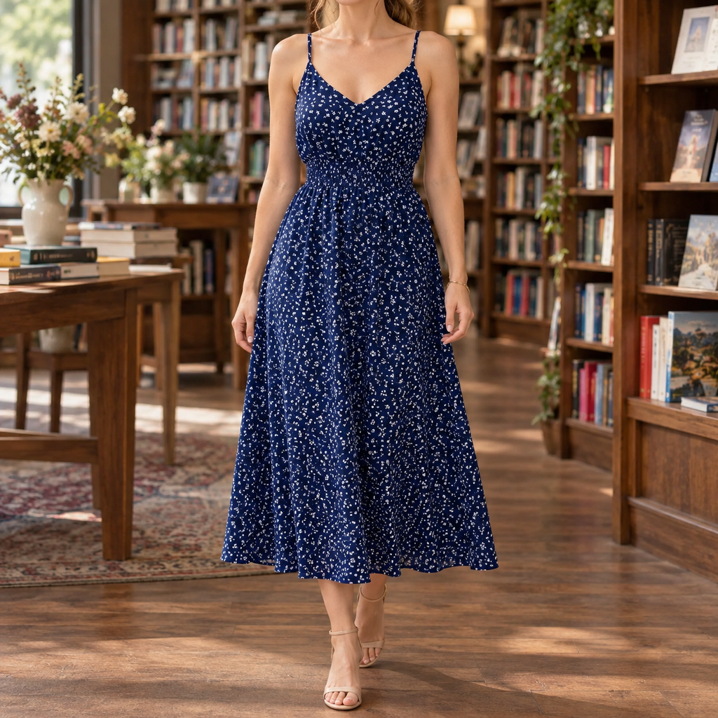 Ariana Smocked Midi Dress - Navy
