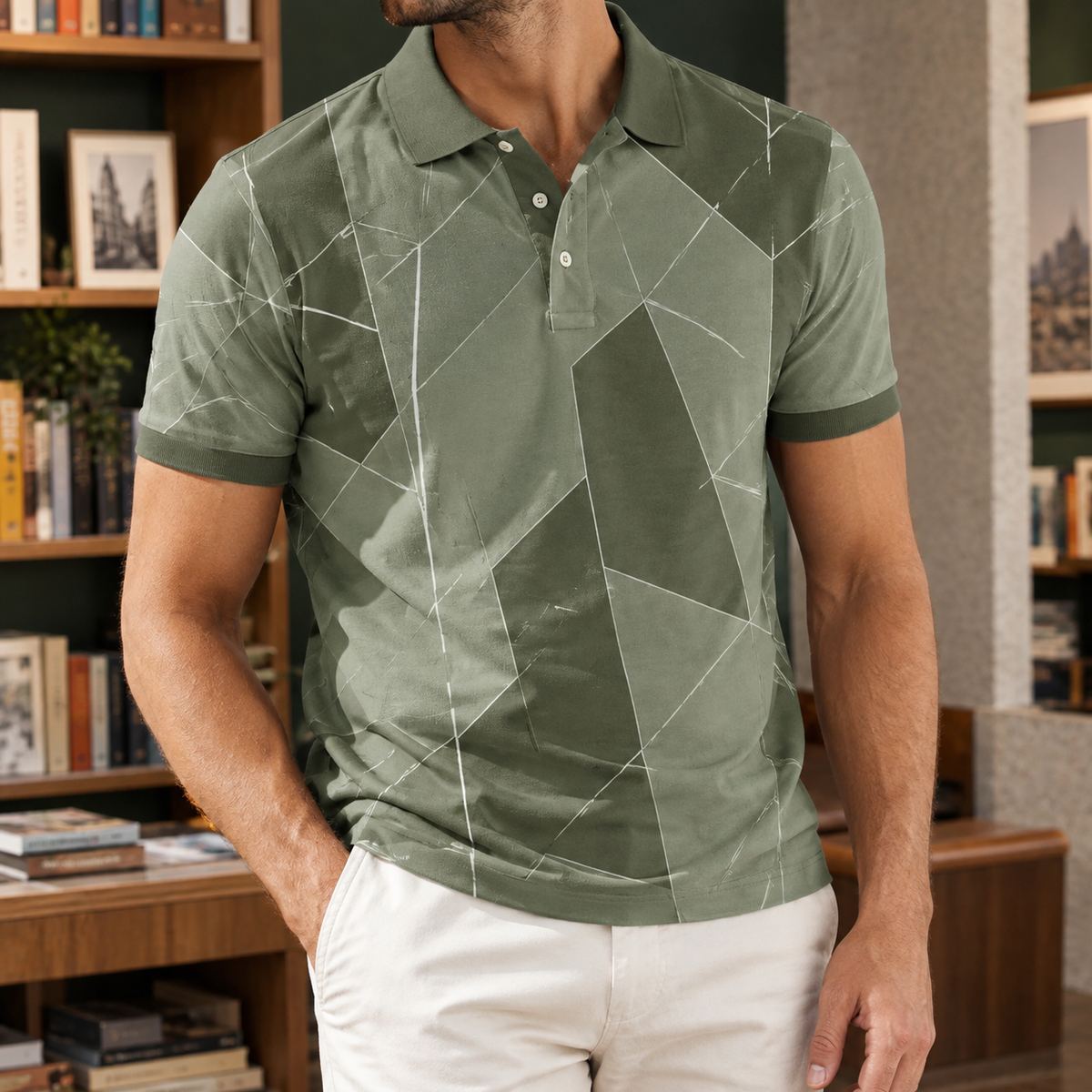 Lysander Geometric Polo - Olive Green