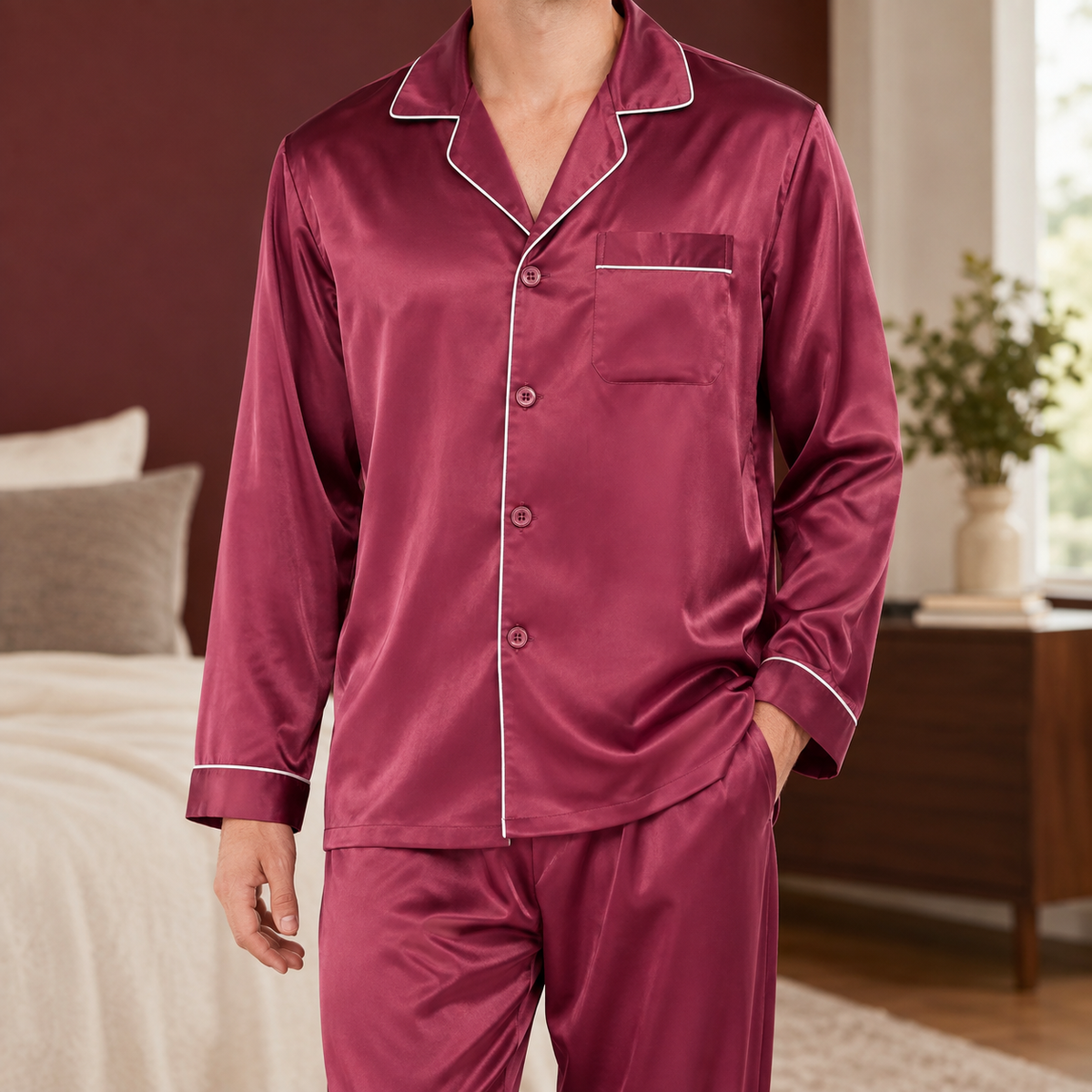 Alderic Piped Pajama Set - Burgundy