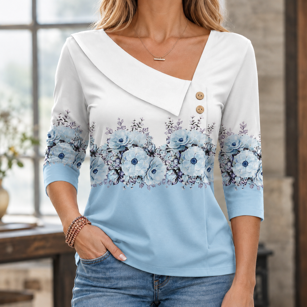 Gillian Asymmetric Collar Top - Light Blue