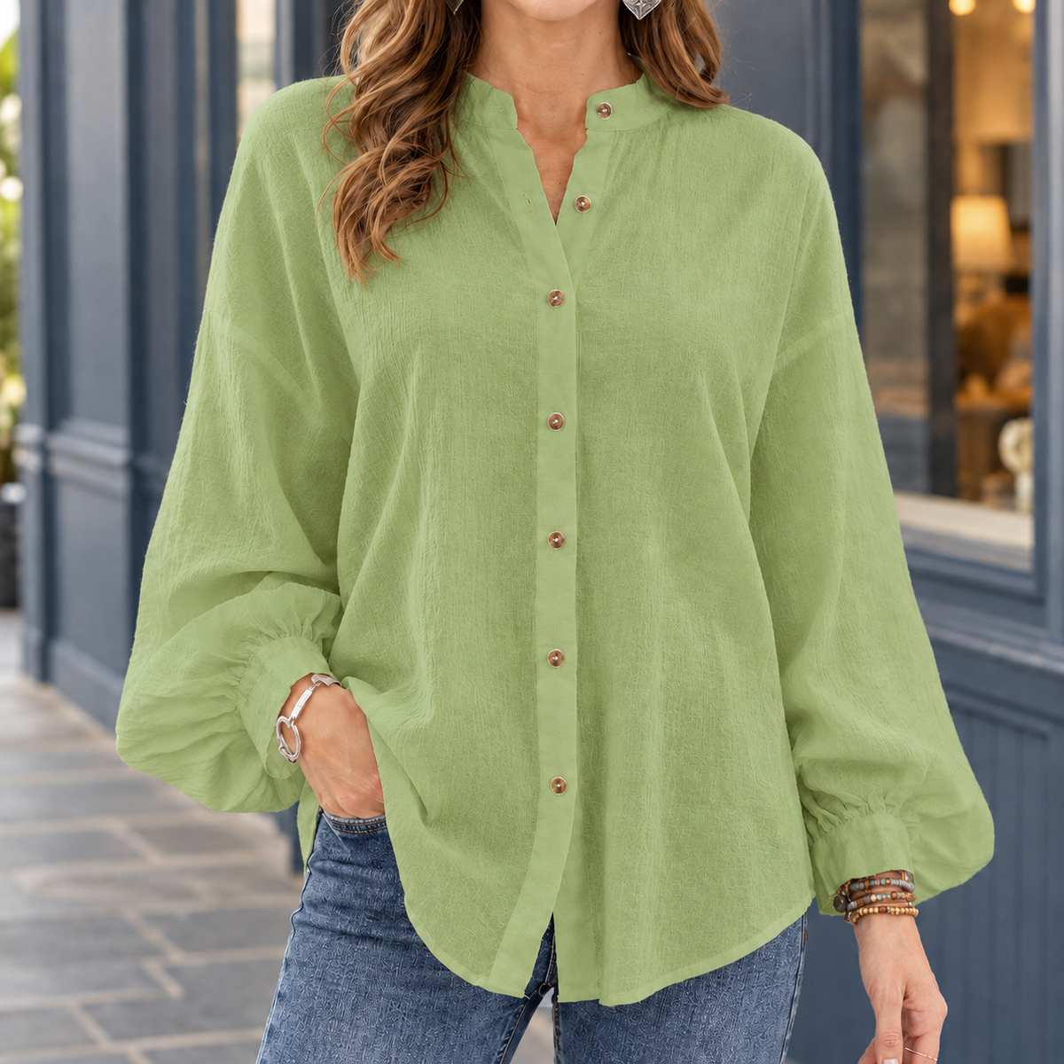 Georgia Stand Collar Shirt - Green
