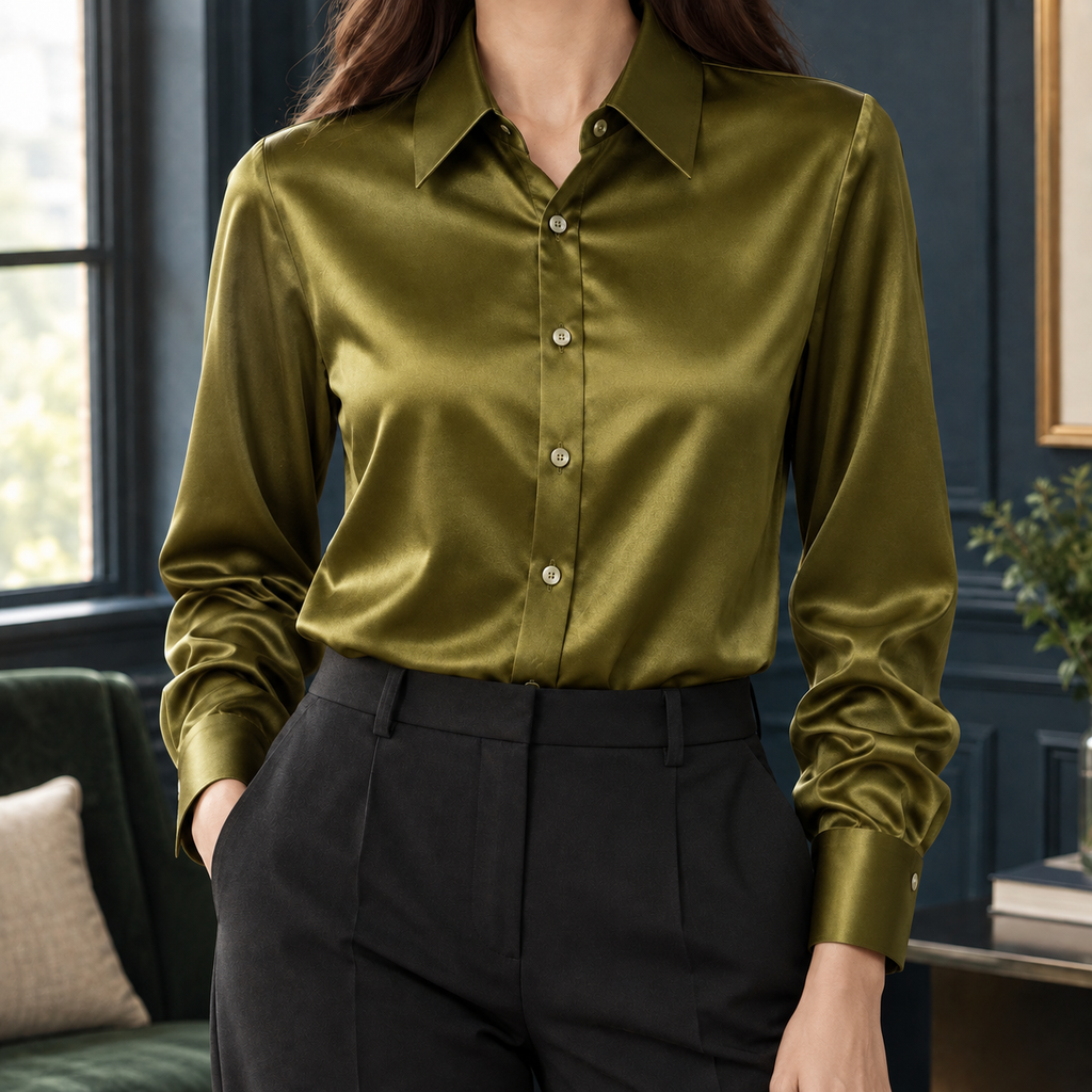 Briony Satin Shirt - Olive Green