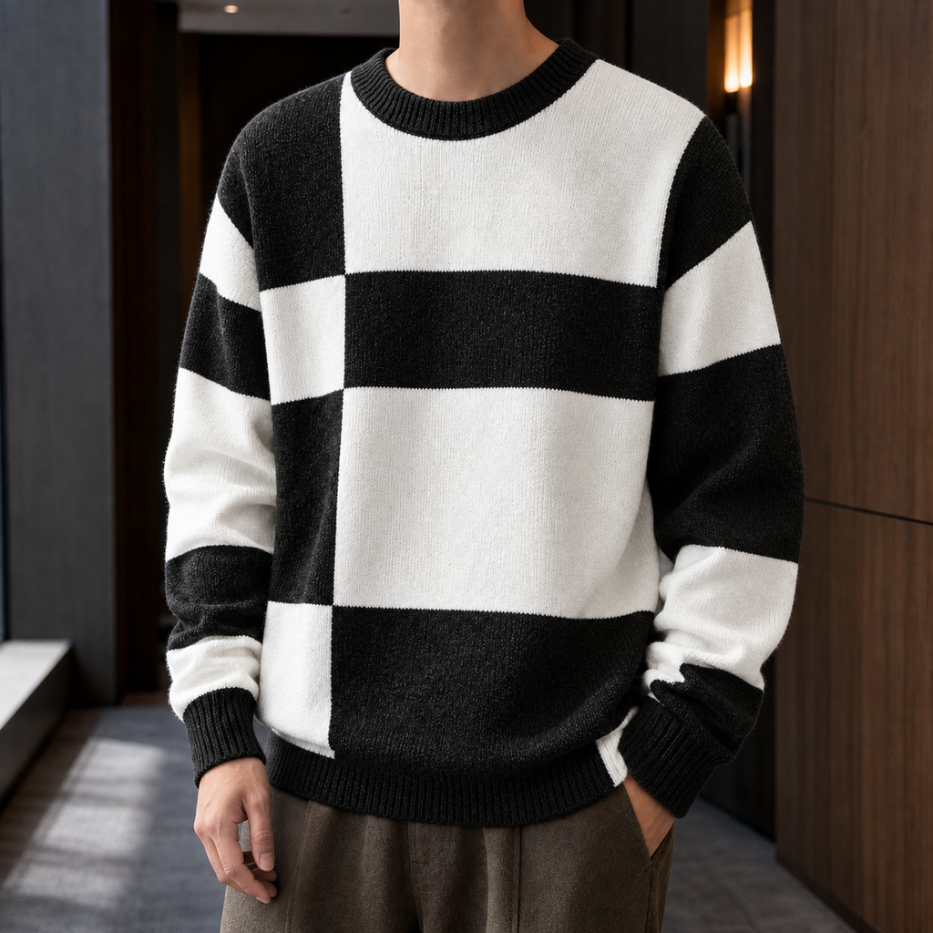 Freddie Checked Knit Sweater - Black White