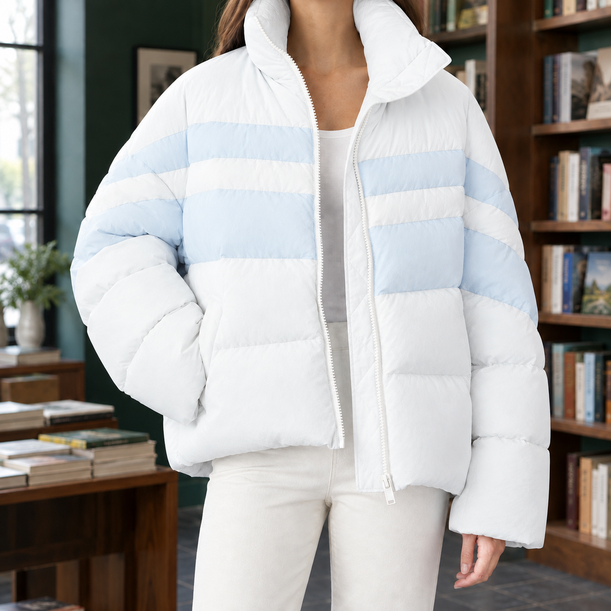 Shannon Colorblock Puffer Jacket - White Light Blue