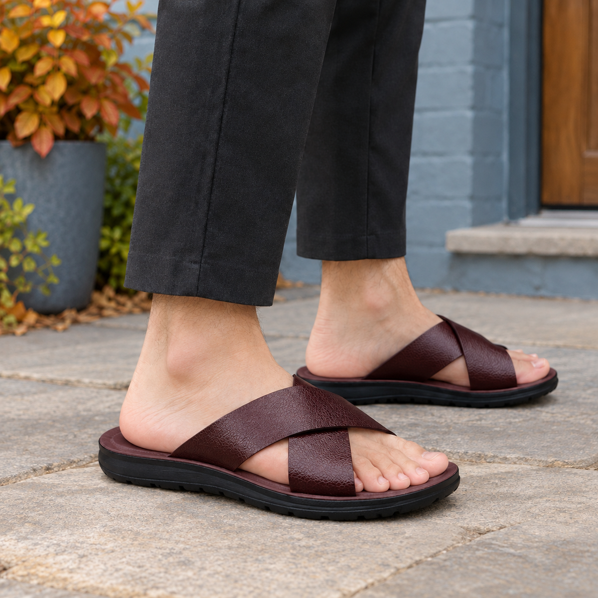 Asti Cross Strap Slides - Burgundy