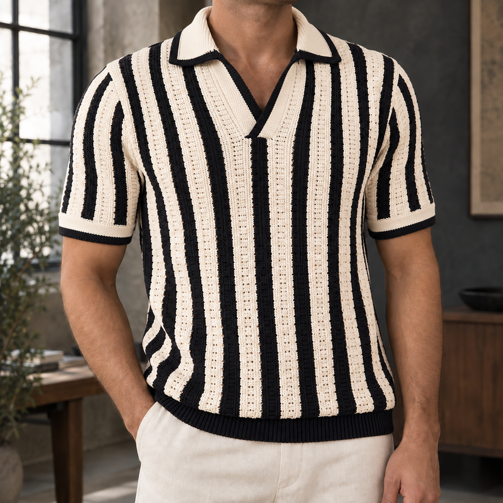 Roman Open-Collar Polo - Black White 2