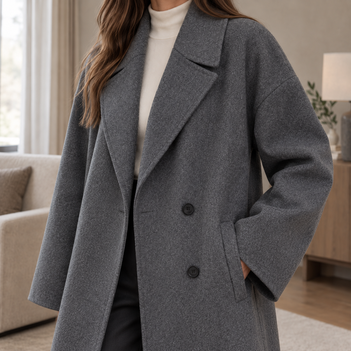 Yara Double-Breasted Overcoat - Scale in Room