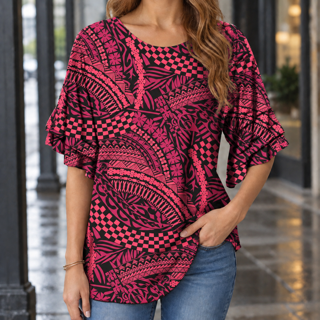 Cordelia Ruffle Sleeve Blouse - Pink And Black