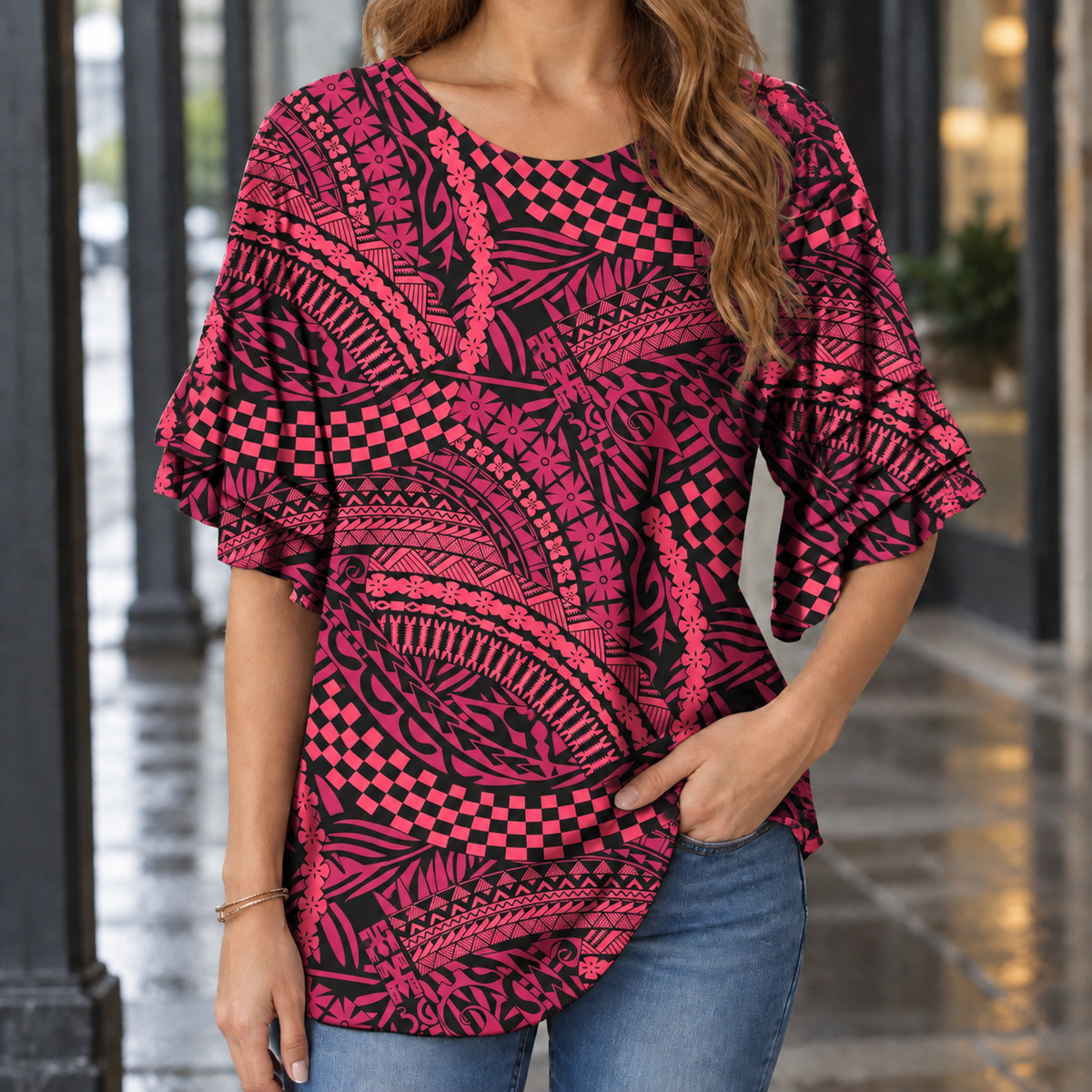 Cordelia Ruffle Sleeve Blouse - Pink And Black