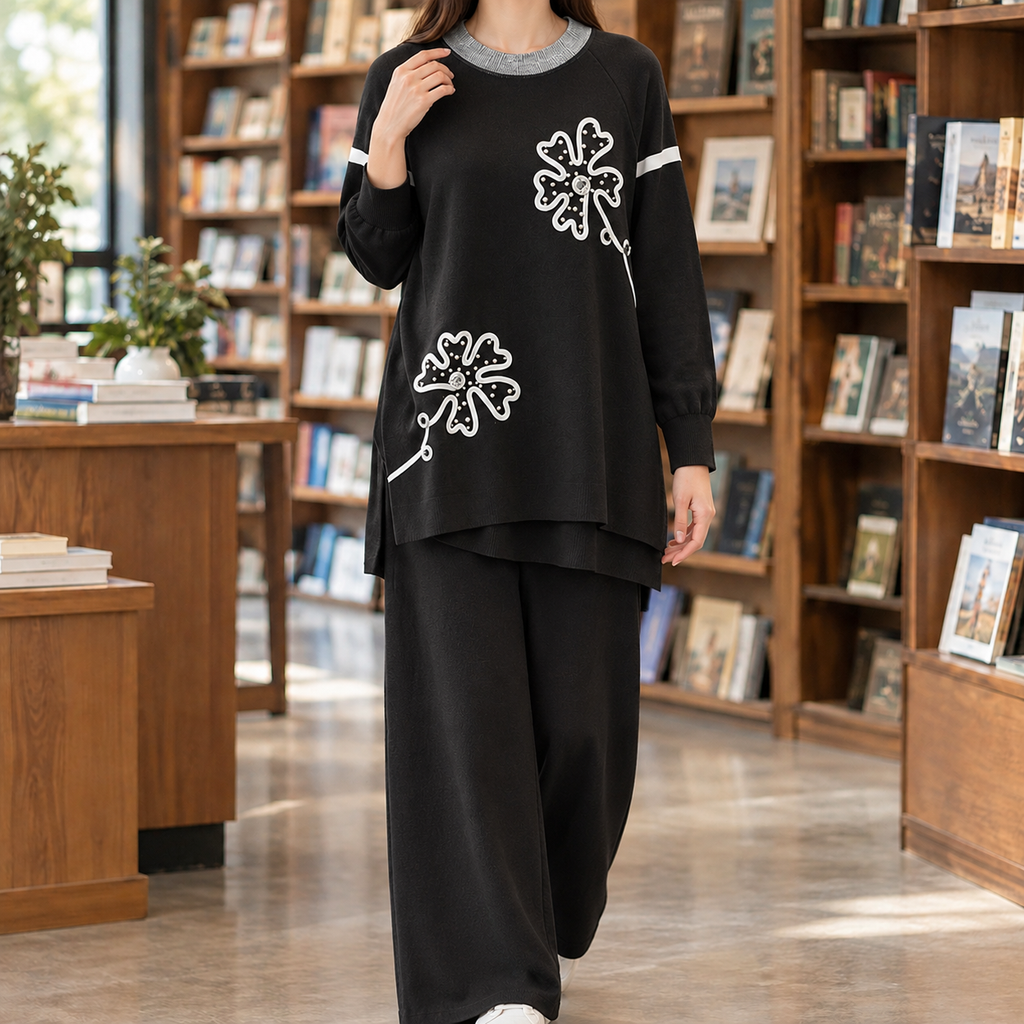 Perpetua Floral Knit Set - Black