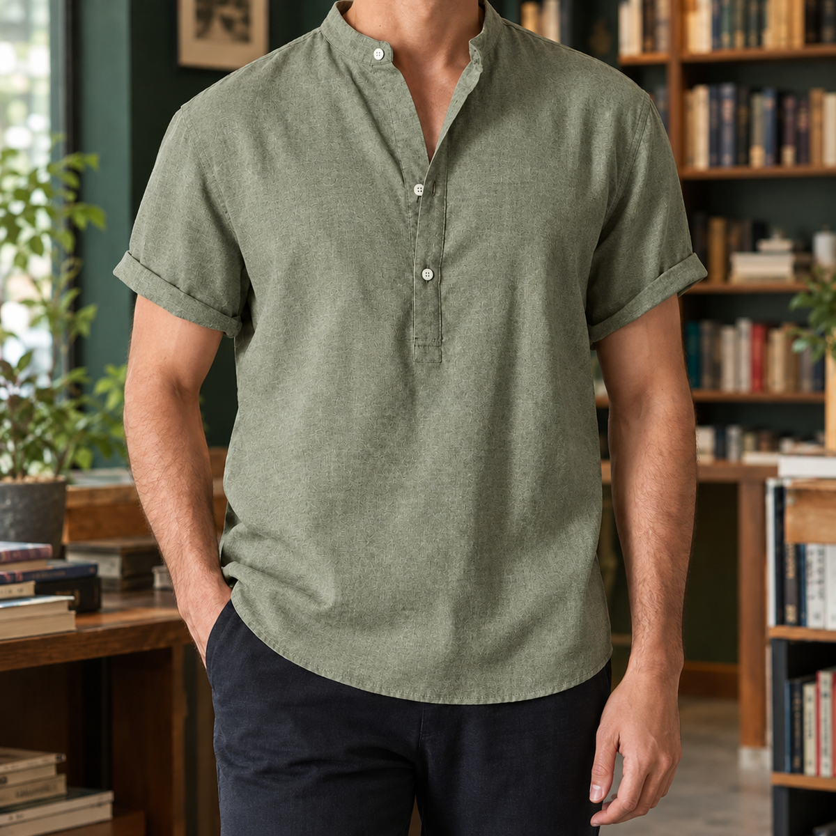 Liam Mandarin Shirt - Army Green