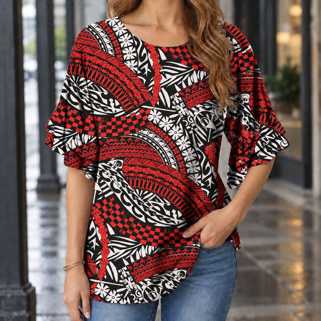 Cordelia Ruffle Sleeve Blouse - Red And Black
