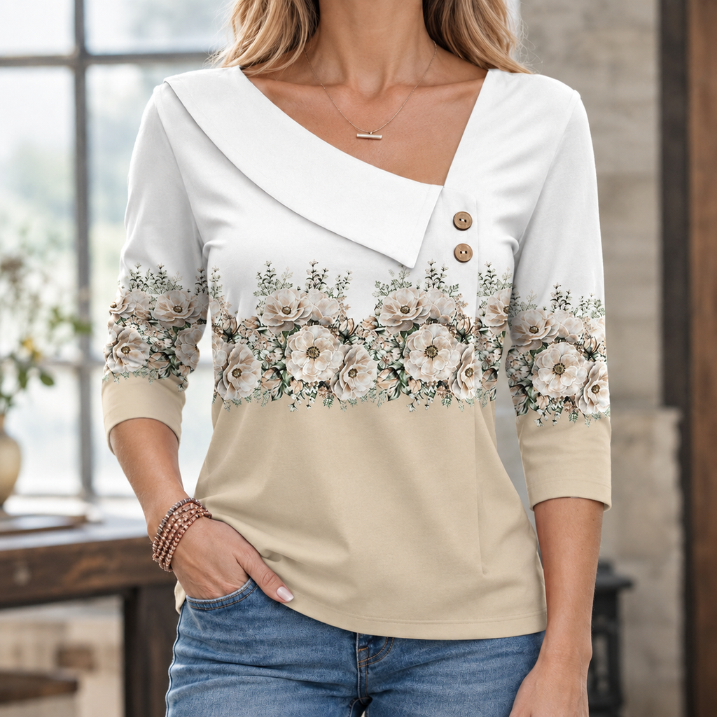Gillian Asymmetric Collar Top - Beige