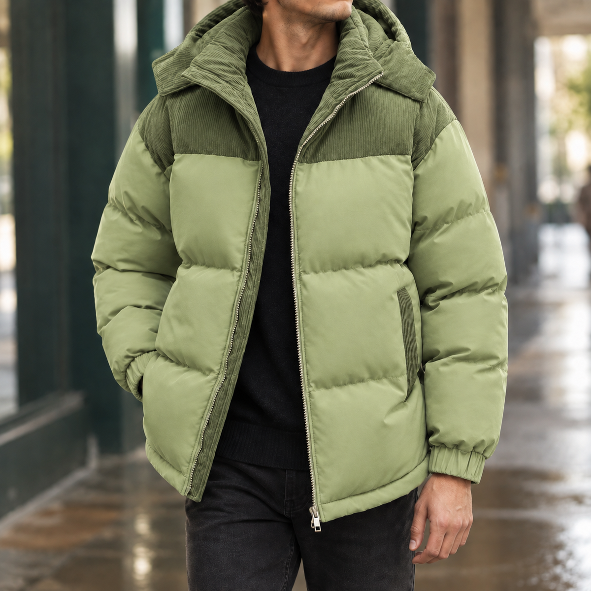 Conrad Panelled Puffer Jacket - Avocado Green 2