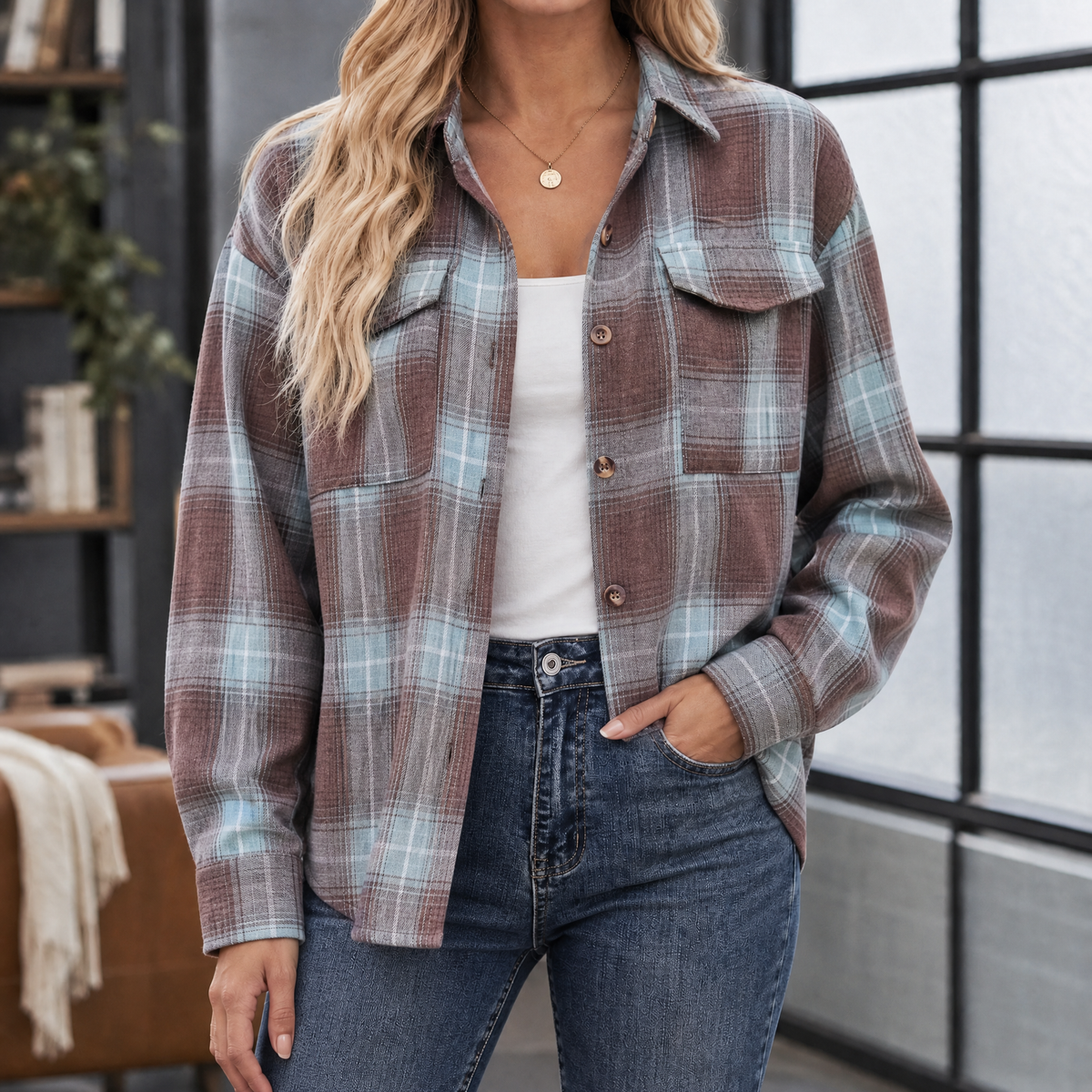 Giulietta Plaid Overshirt - Brown Pale Blue Plaid