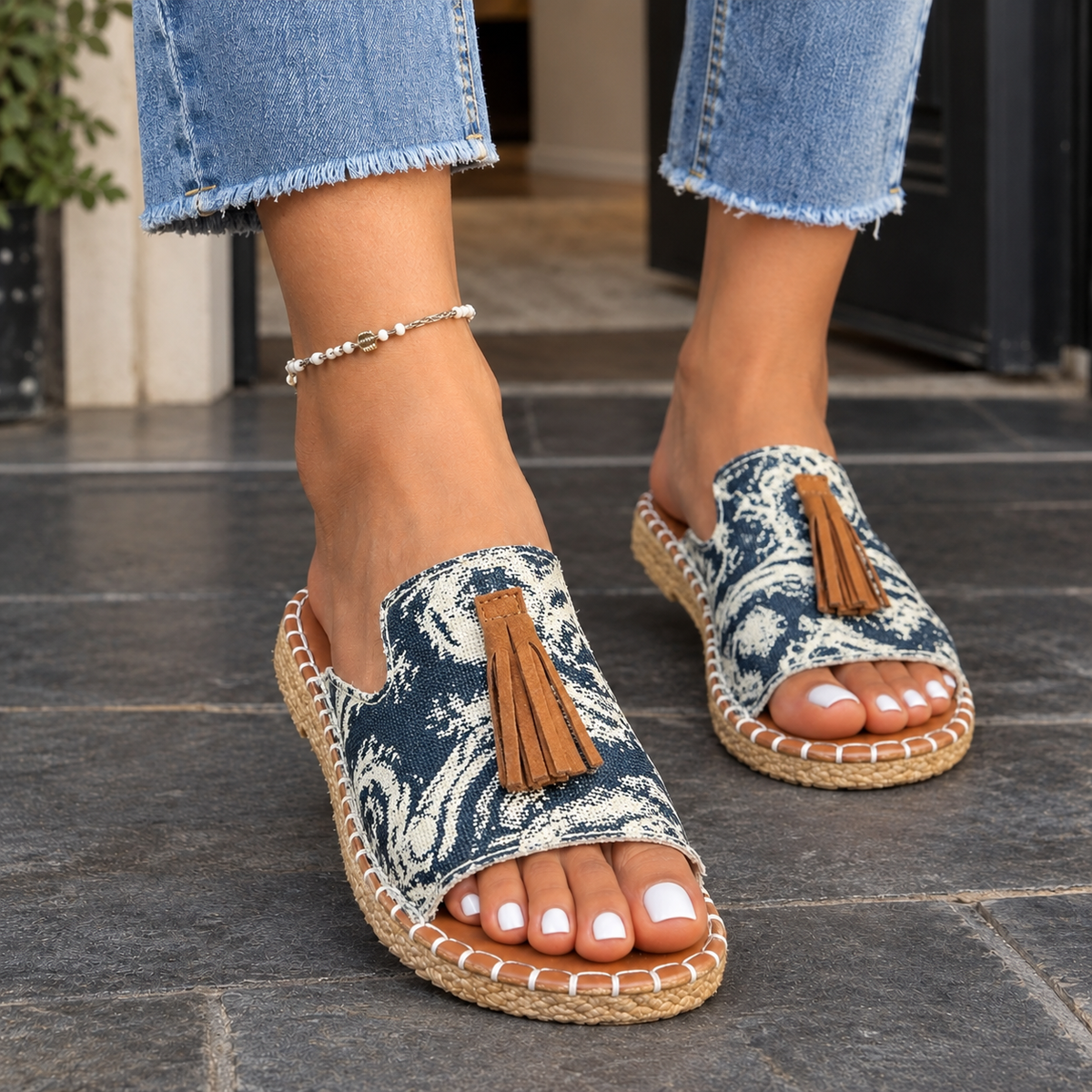 Agnelli Tassel Slide Sandals - Navy Floral