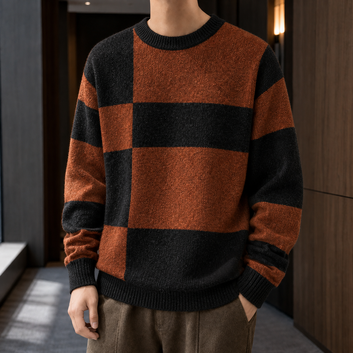 Freddie Checked Knit Sweater - Rust Black