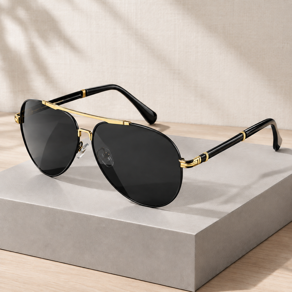Bolzano Aviator Sunglasses - Black (Gold Accents)