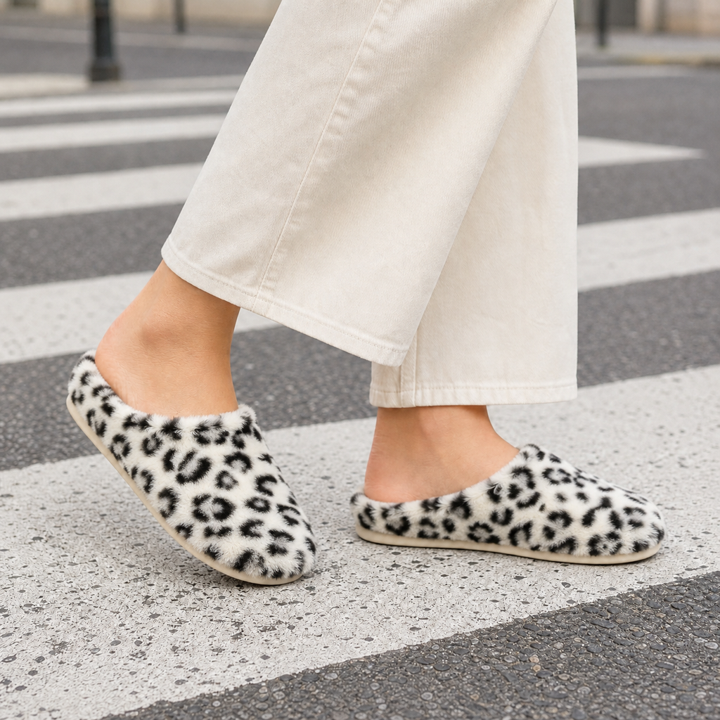 Molfetta Fuzzy Slippers - White Leopard 2