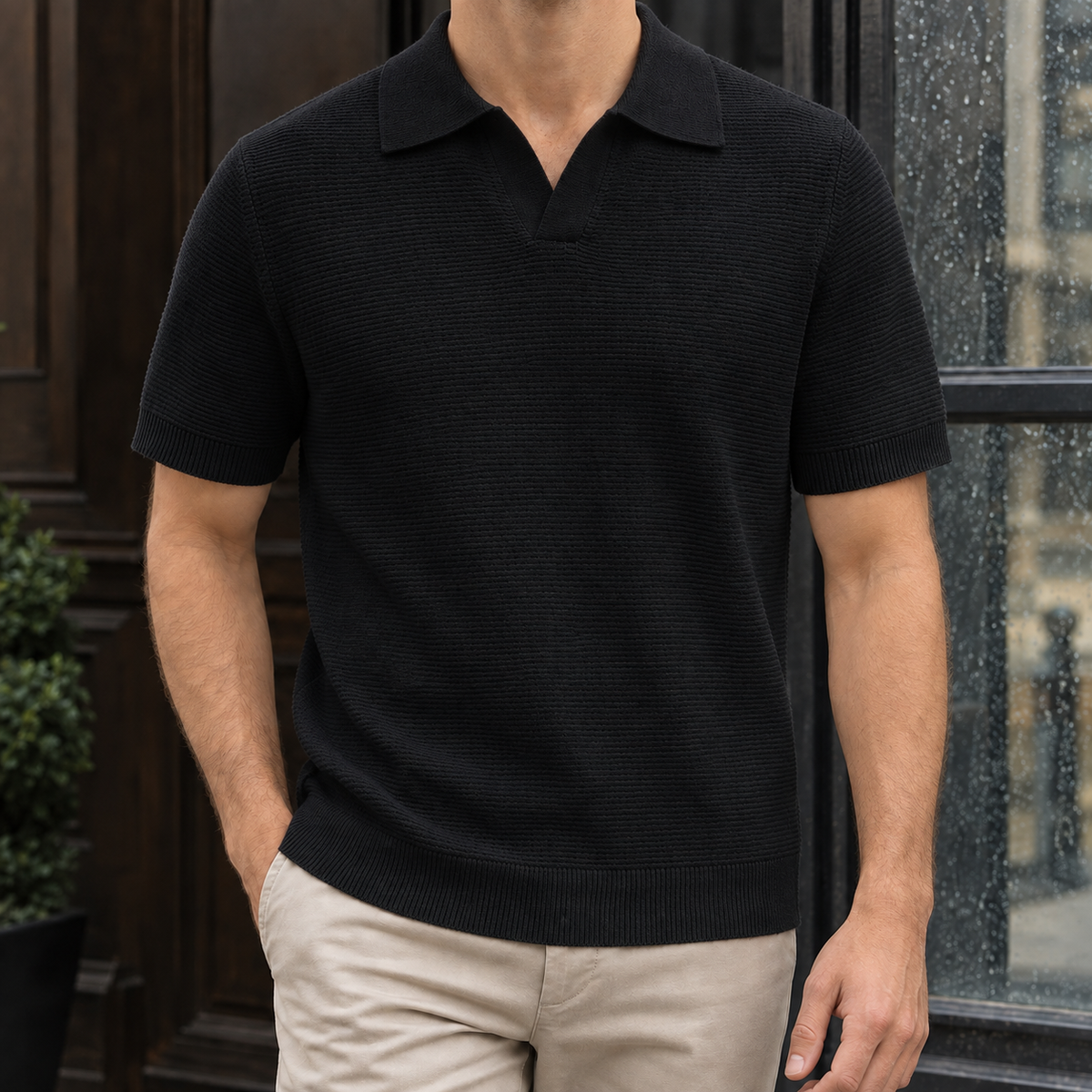 Nathan Open Collar Polo - Black