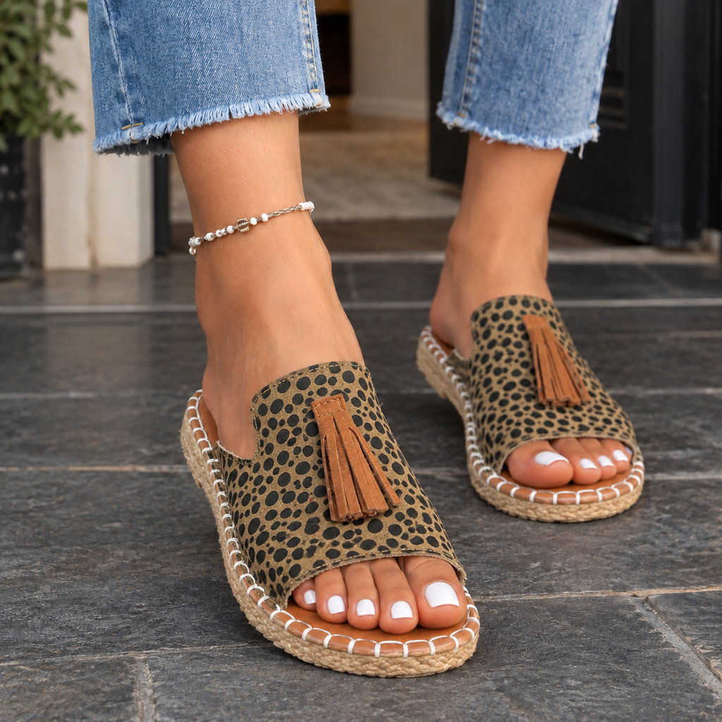 Agnelli Tassel Slide Sandals - Brown Leopard
