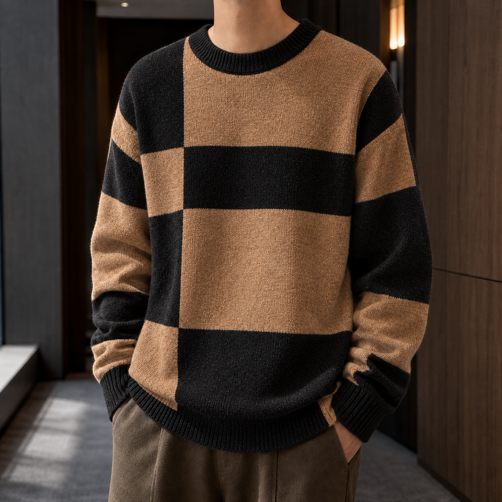 Freddie Checked Knit Sweater - Camel Black