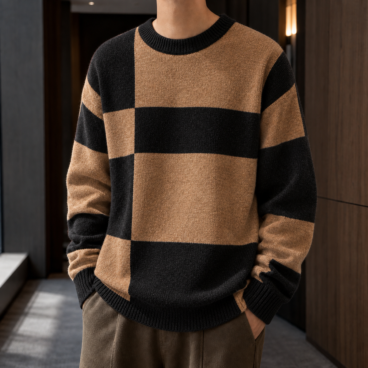 Freddie Checked Knit Sweater - Camel Black