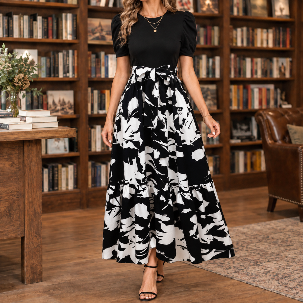 Celeste Tiered Maxi Dress - Black and White (text)