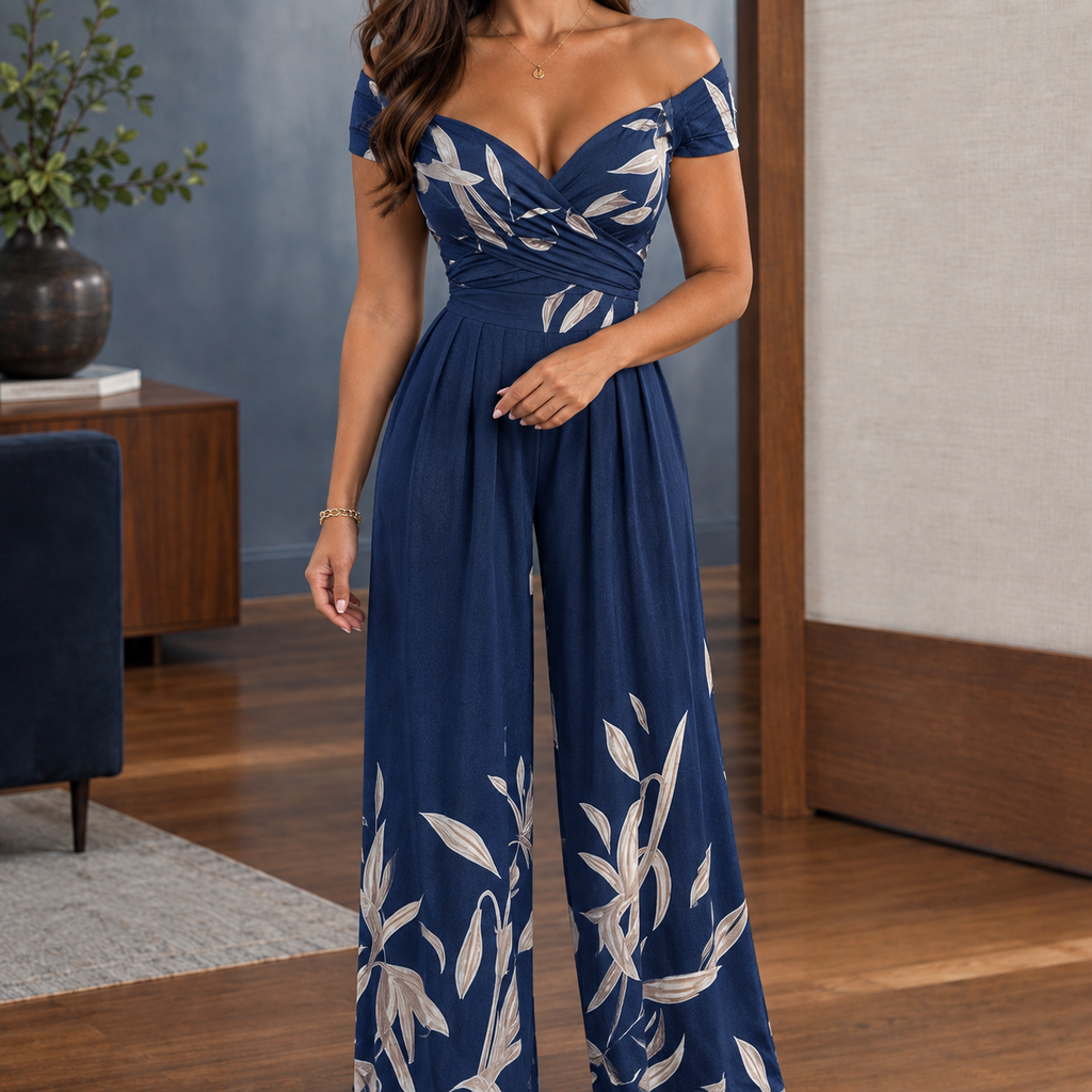 Ursuline Wide Leg Jumpsuit - Dark Blue Botanical