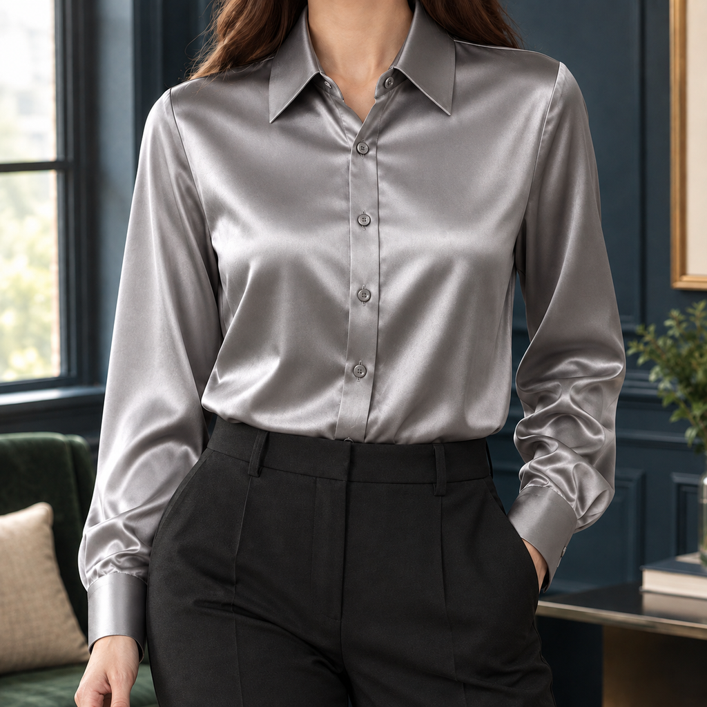 Briony Satin Shirt - Silver Gray