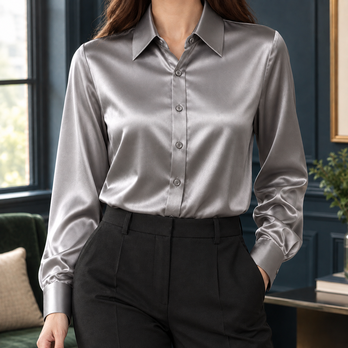 Briony Satin Shirt - Silver Gray
