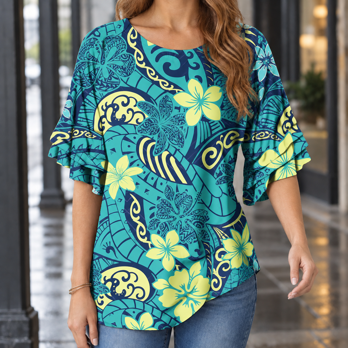 Cordelia Ruffle Sleeve Blouse - Turquoise Floral