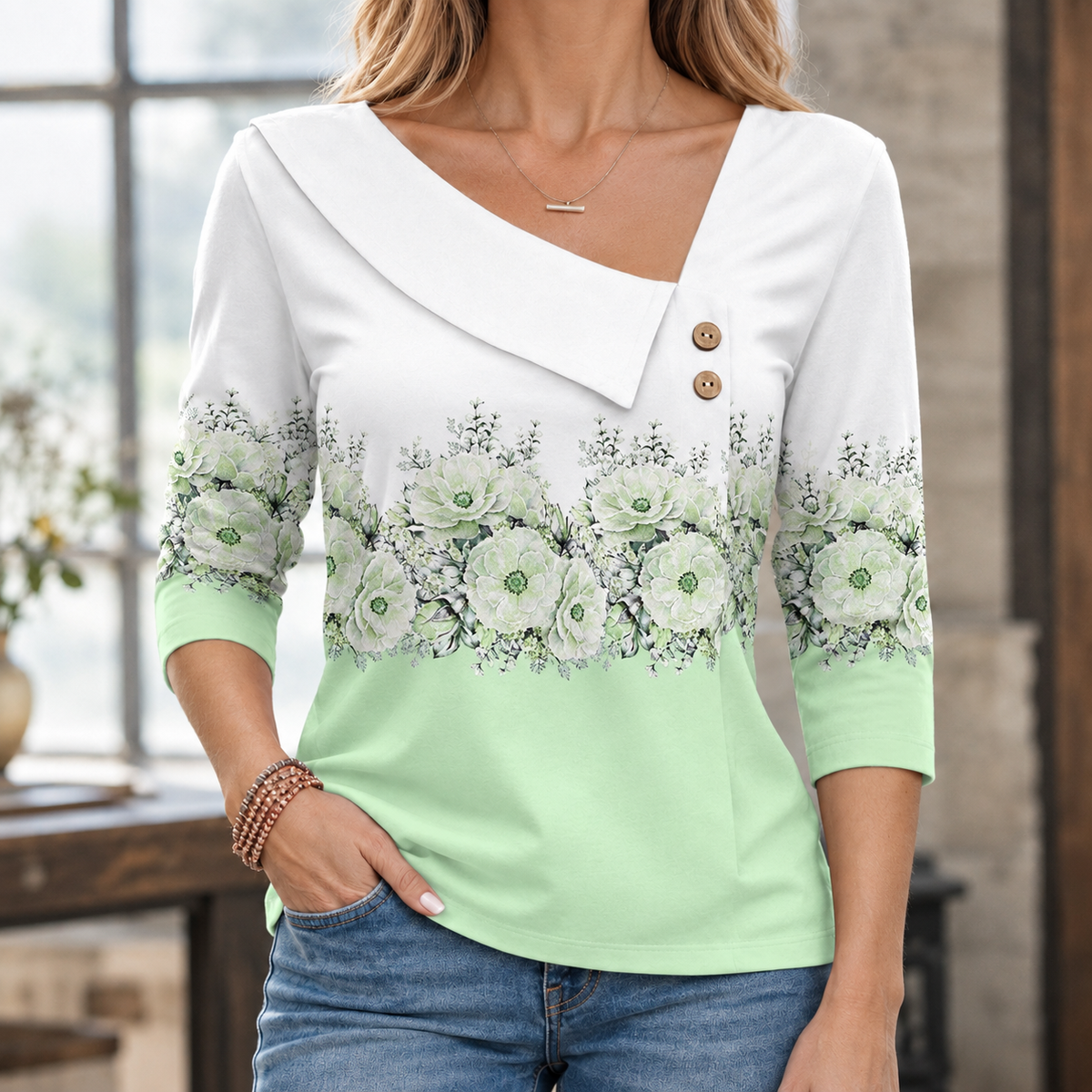 Gillian Asymmetric Collar Top - Mint Green
