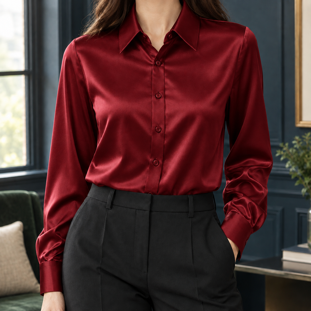 Briony Satin Shirt - Wine Red 2